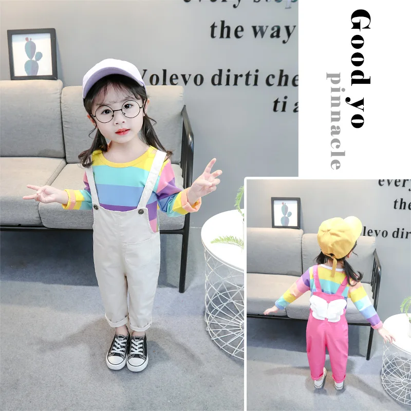 Весенние комплекты для девочек костюм с подтяжками одежда маленьких Радужная