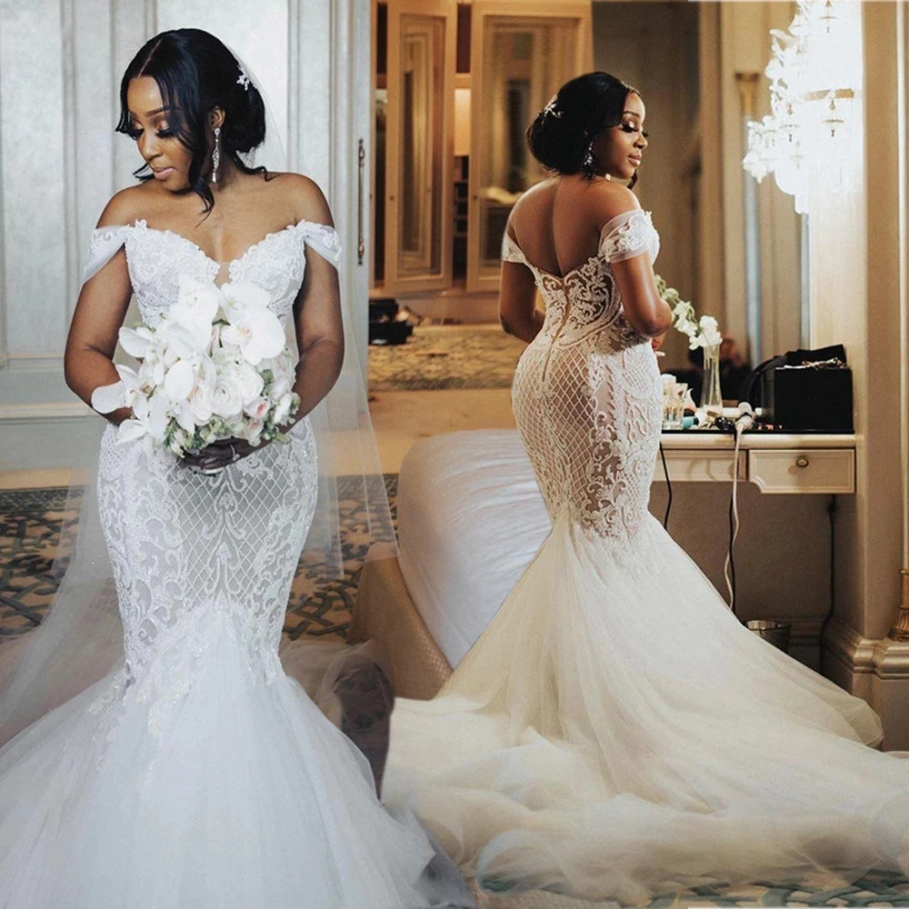 

South African Wedding Dresses Mermaid Off The Shoulder Tulle Lace Backless Nigeria Vestido De Noiva Bridal Wedding Gown