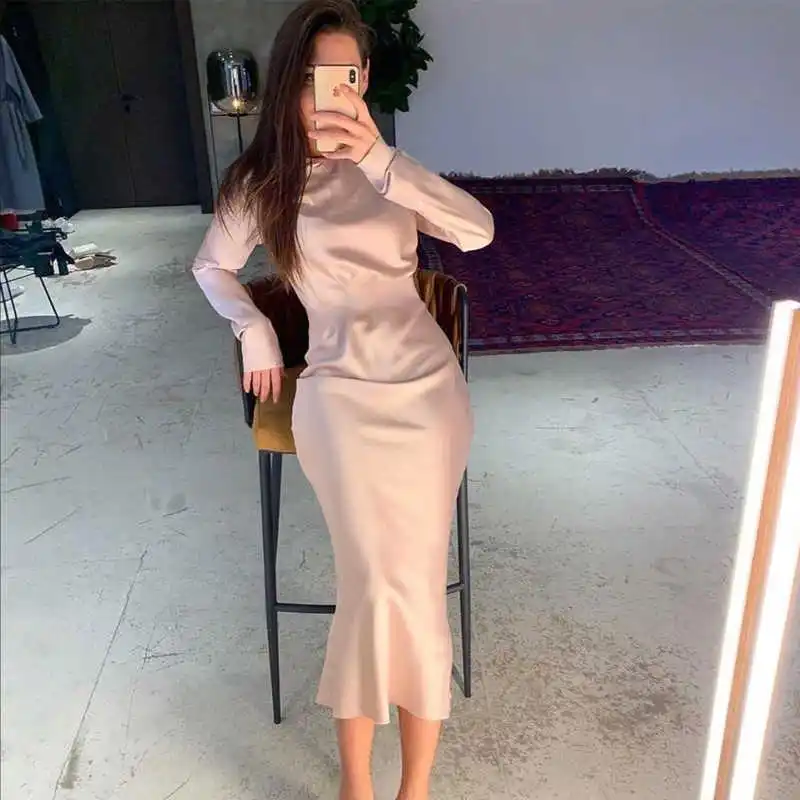 

Sexy satin thin colour mid women's dress-neck long stylish sleeve dress party vintage streetwear dress
