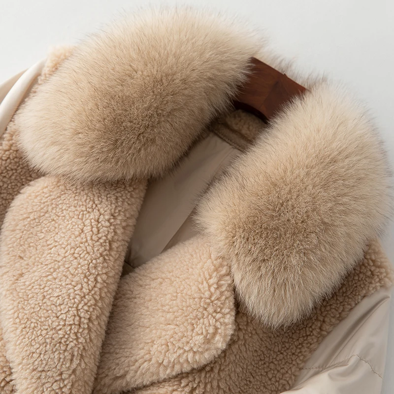 Real Fur Coat Female Wool Jacket Fox Fur Collar Sheep Shearling Autumn Winter Coat Women Clothes Korean Down Coat ZT4287
