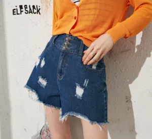 Женские джинсовые шорты ELFSACK, синие однотонные рваные повседневные шорты с высокой талией, с необработанным краем, в Корейском стиле, весна 2020