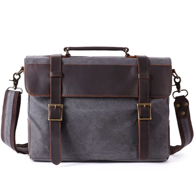 grey Винтажный кожаный холщовый портфель, сумки-мессенджеры, мужские Портфели Сумка для ноутбука, мужская сумка для компьютера - Цвет: grey