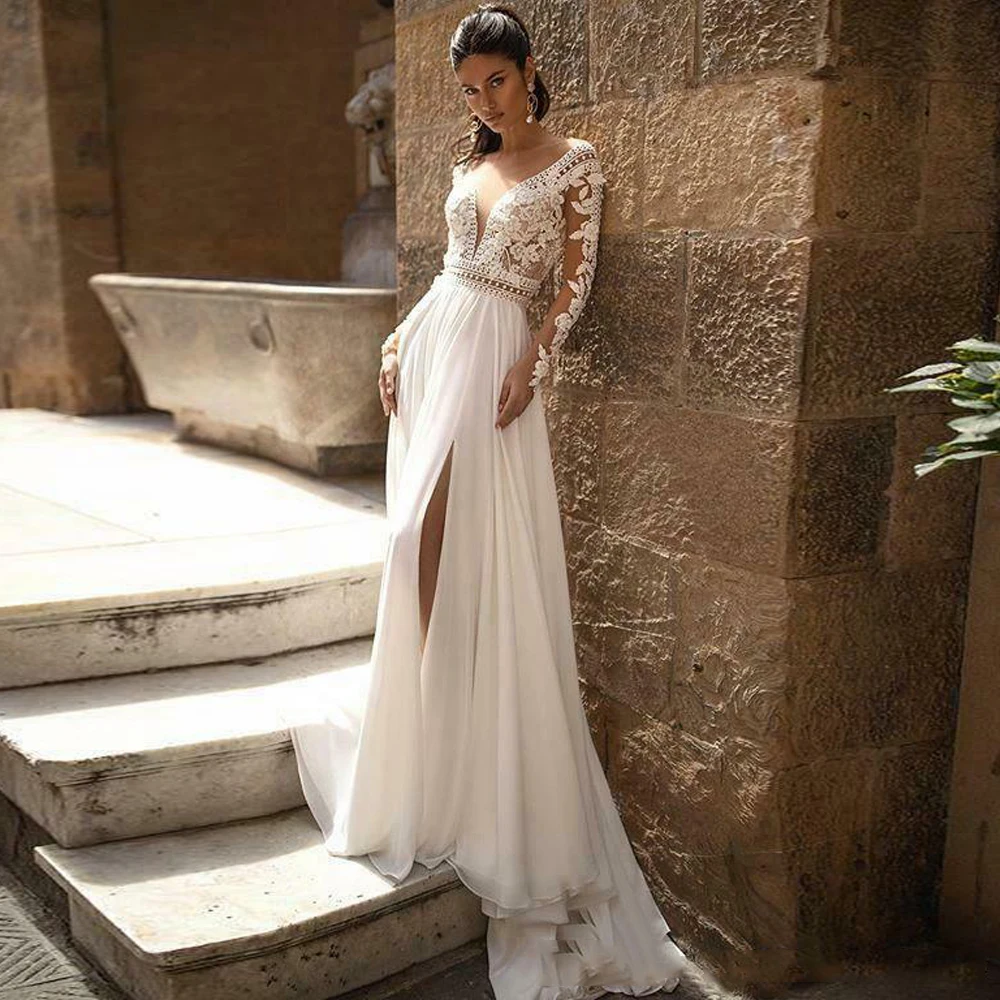 

Boho Wedding Dresses For Women Full Sleeve Chiffon Appliques Slide Split V-Neck Backless A-Line Bridal Gown Robe De Mariee