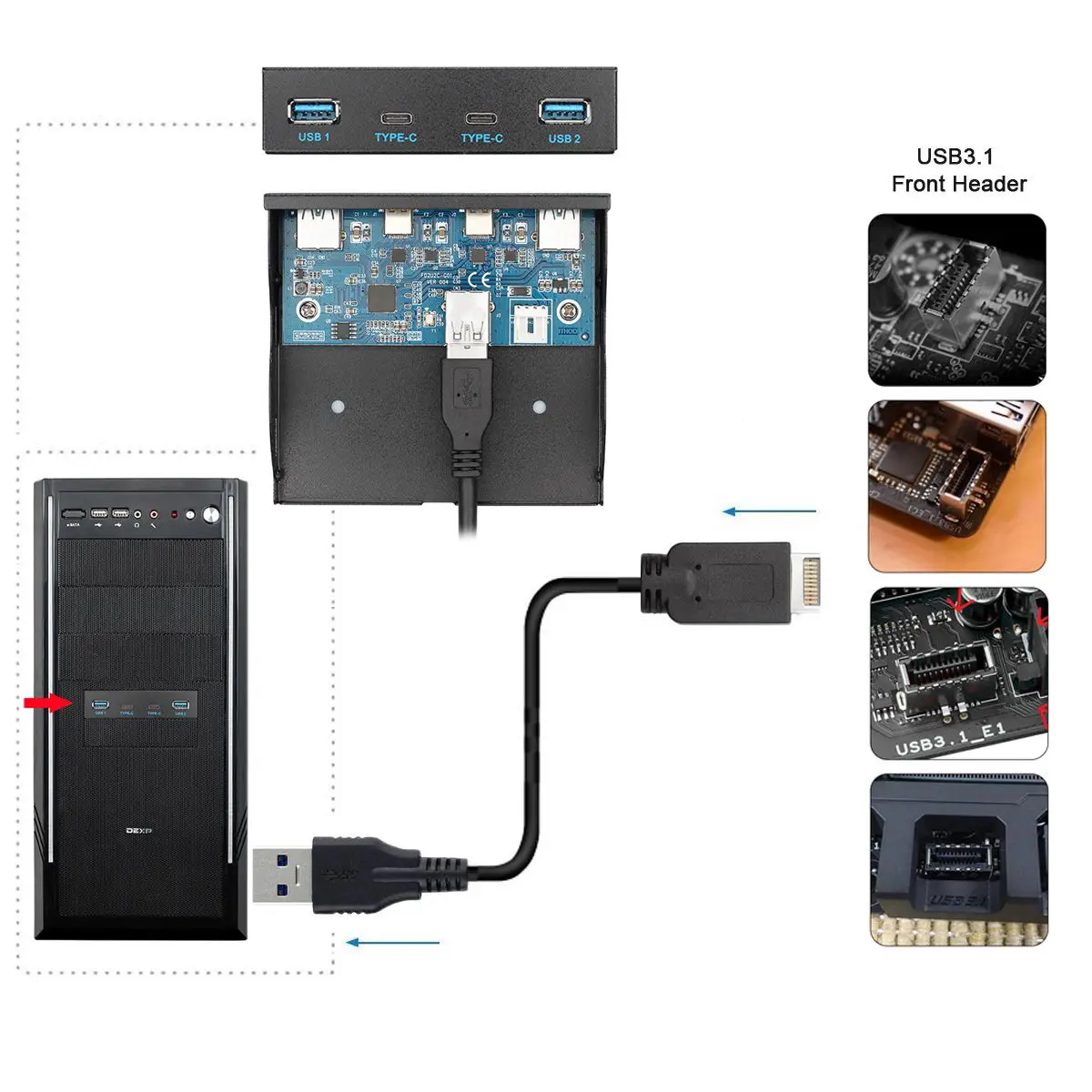 USB 3 1 заголовок передней панели для USB-C и 0 концентратор 4 порта Передняя панель