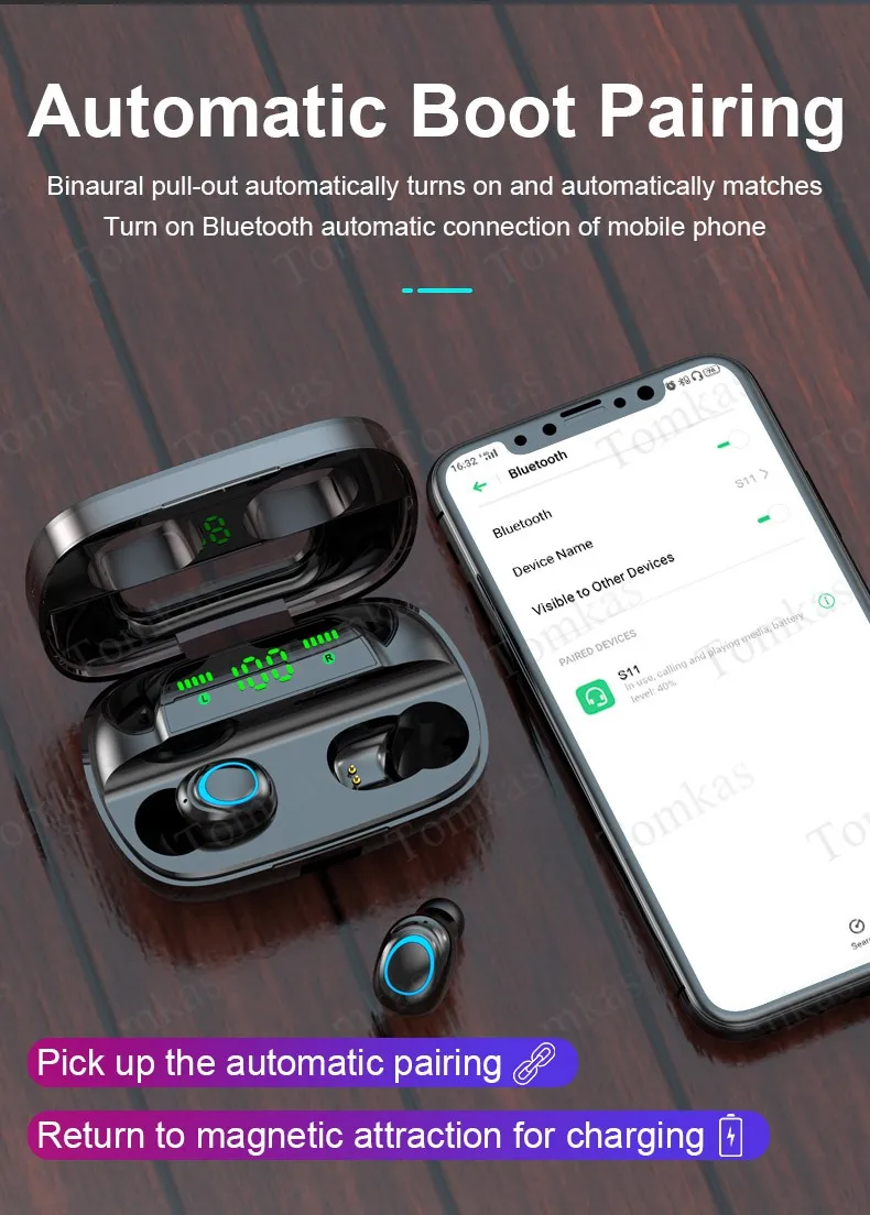 Беспроводные наушники Bluetooth 5,0 TWS, светодиодный внешний аккумулятор 2200 мАч, спортивные водонепроницаемые наушники с микрофоном, беспроводные bluetooth-гарнитуры
