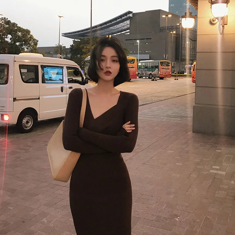 

Slim wool dress autumn and winter 2021 lazy wind inside with knitted dress and bottom skirt Rac