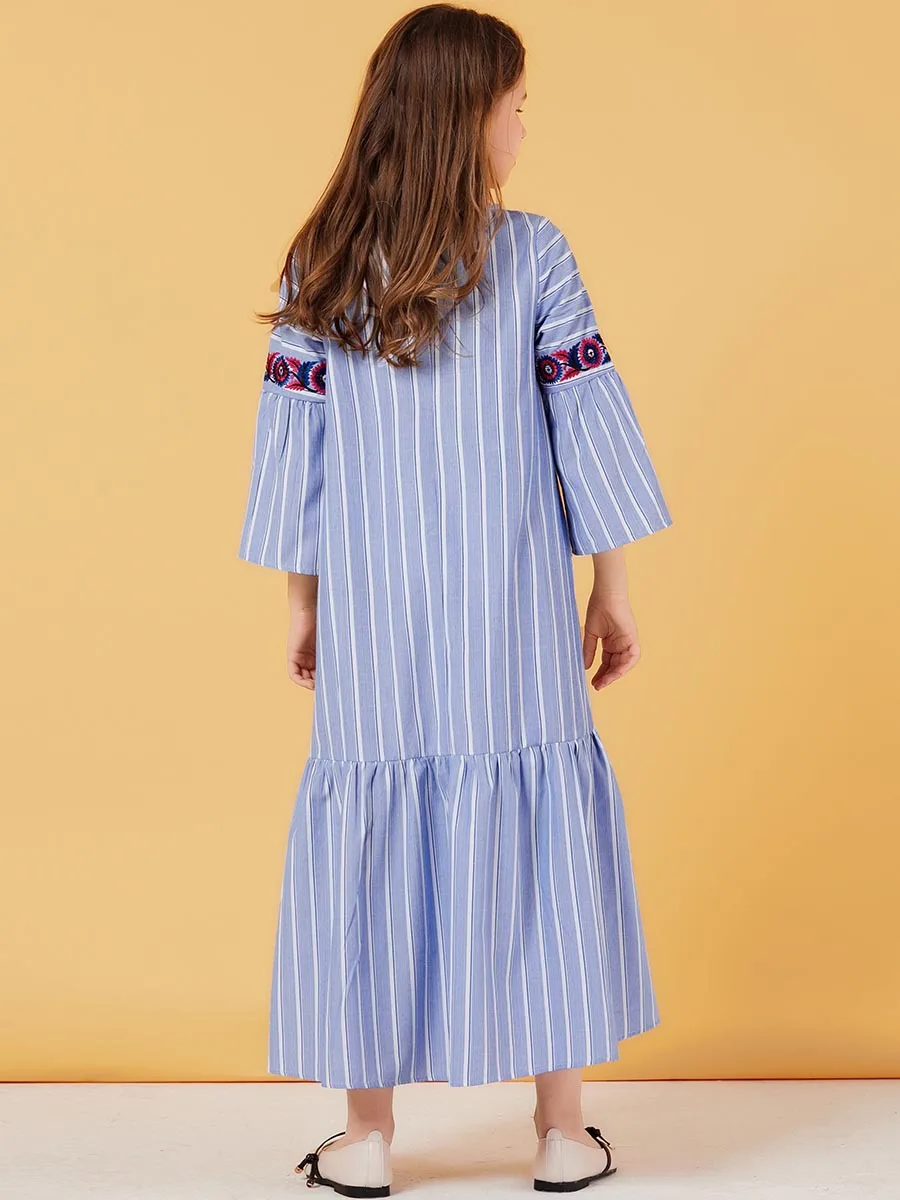 Милое Платье для мусульманских девочек Детские плиссированные платья в полоску