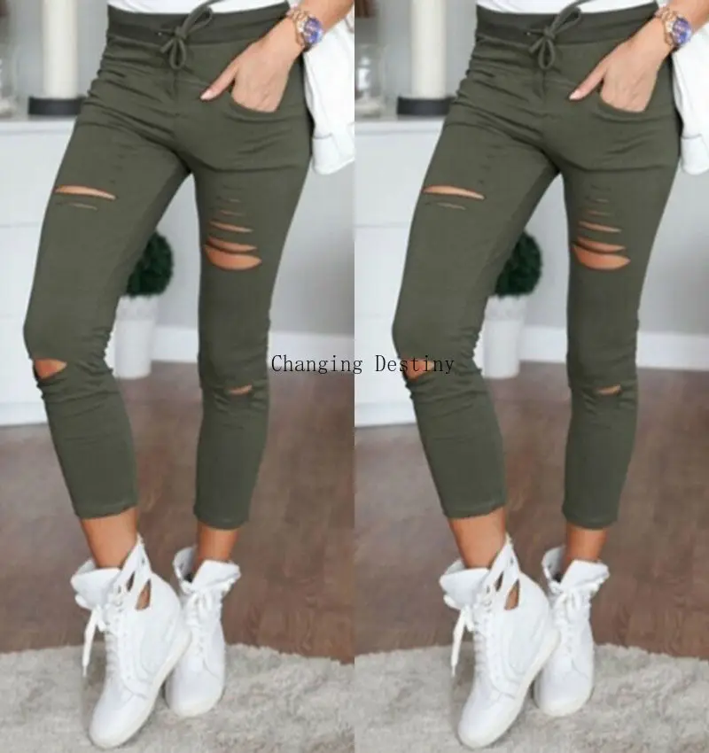 Женские хлопковые брюки карандаш повседневные с дырками в европейском и