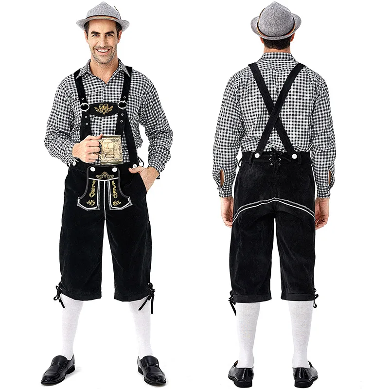 Костюм Lederhosen мужской на Октоберфест с подтяжками комплект шапки для вечеринки