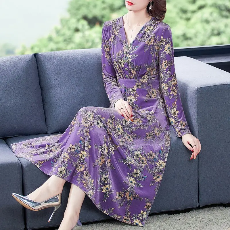 

COIGARSAM Women Dress Autumn 2021 New Office Lady Long Sleeve Floral Print Turtleneck Purple Dresses Traf Robe