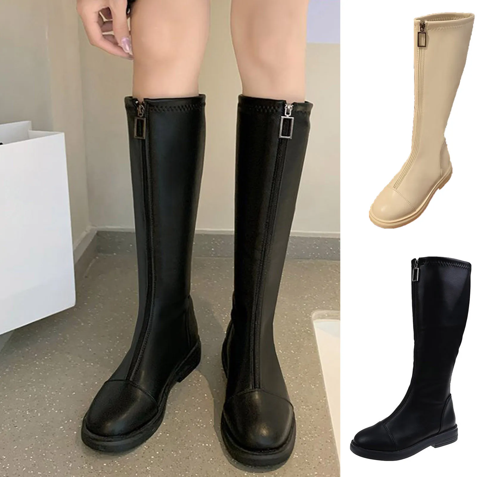 

Женские высокие сапоги-туфли, женские сапоги до колена на среднем каблуке с круглым носком, модные ботинки в Корейском стиле для весны и осе...