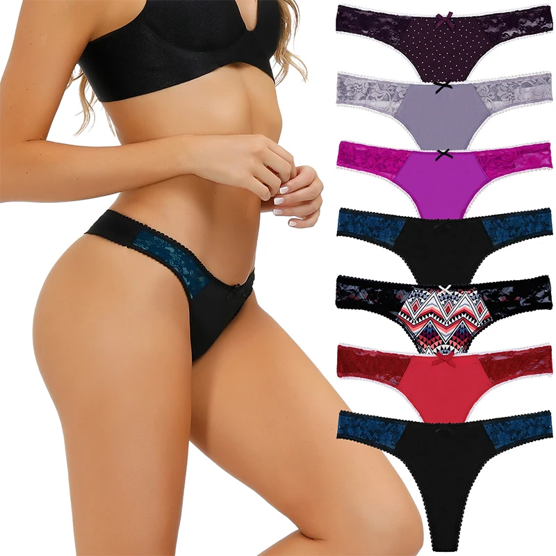 

7pcs/Pack Womens Thong Underwear Lace Trim Soft Sexy Lingerie Panties Set Assorted Different Lace Pattern & Colors