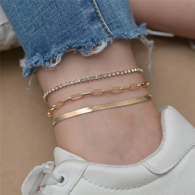 

Modyle 3pcs/set Gold Color Snake Link Chain Anklet For Women Ankle Bracelet Fashion Beach Accessories Foot Jewelry