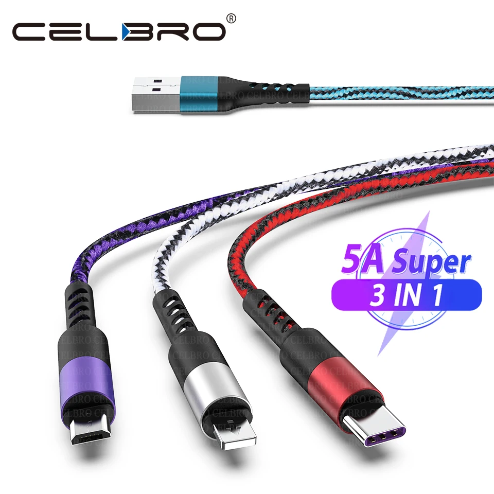 3 в 1 кабель Micro USB Type C 5A для быстрой зарядки Xiaomi Mi 9 10 Ultra Redmi Note 8 iPhone 11 Pro 7 C|Кабели