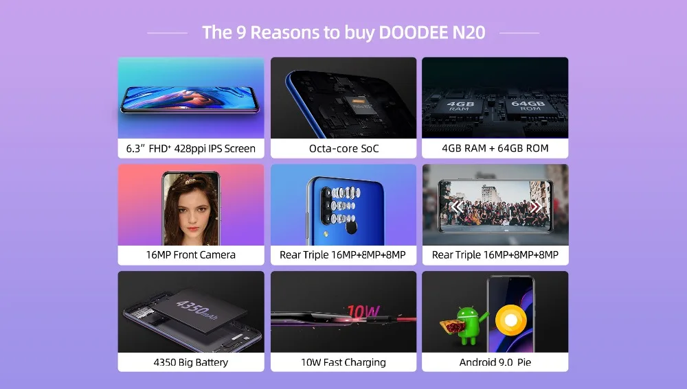 DOOGEE N20, мобильный телефон, 6,3 дюймов, дисплей, 64 ГБ, 4 Гб, отпечаток пальца, распознавание лица, 16 МП, 8 Мп, 8 Мп, тройная задняя камера, восьмиядерный смартфон, 4350 мАч