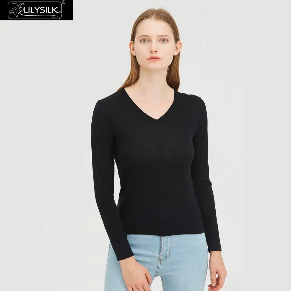 Black LilySilk футболка с v-образным вырезом из шелка Джерси Базовая супер мягкая Женская Новинка - Color: Black