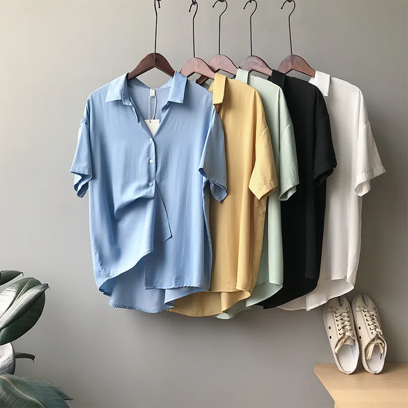 

Alien Kitty 2021 New Summer Women Female All-Match Clothes Office Lady Turn-Down Collar Blouse Lapel Solid Sleeve Fashion