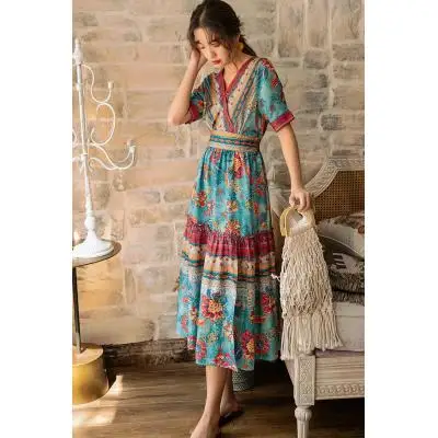 

Summer Boho Women's Long Dress Short Sleeve Elegant Print Beach Dress V-neck High Waist Vintage Floral Maxi Dresses Woman