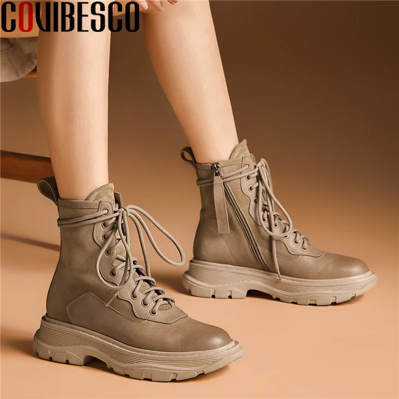 

COVIBESCO Female Platform Chunky Heels Handmade Shoes For Women Genuine Leather Winter Boots 2021 New Wedding Party Shoes Woman