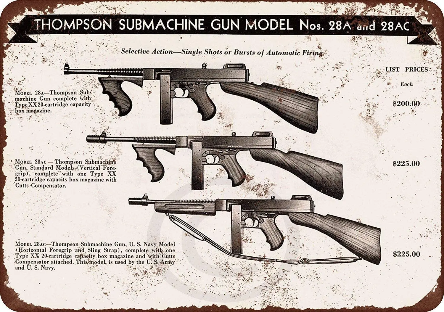 

HomDeo Metal Signs Vintage 1944 Thompson Submachine Guns Retro Style Ranch Funny Tin Sign 8 x 12 Inches Garage Decor Art