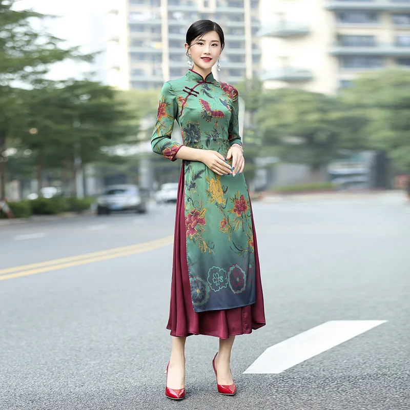 Весеннее вьетнамское платье Ципао aodai с принтом бабочки 2020|Одежда Азии и островов