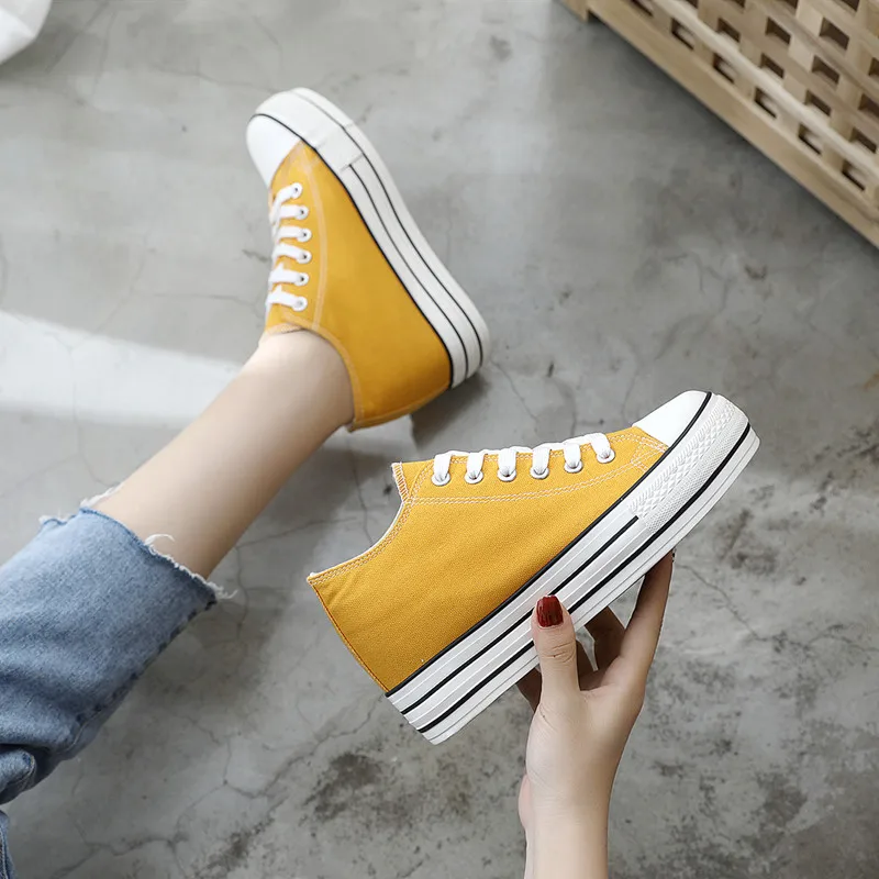 

2021 New Arrival Women 6CM Hidden Heel Platform Wedge Canvas Shoes Outdoor White Black Fashion Girls Wedge Sneakers