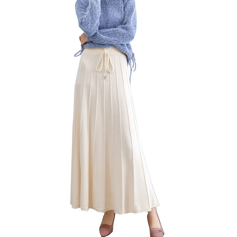

2020 autumn and winter women's new large-length high-waist knitted skirt pleated lace-up solid color A-line skirt
