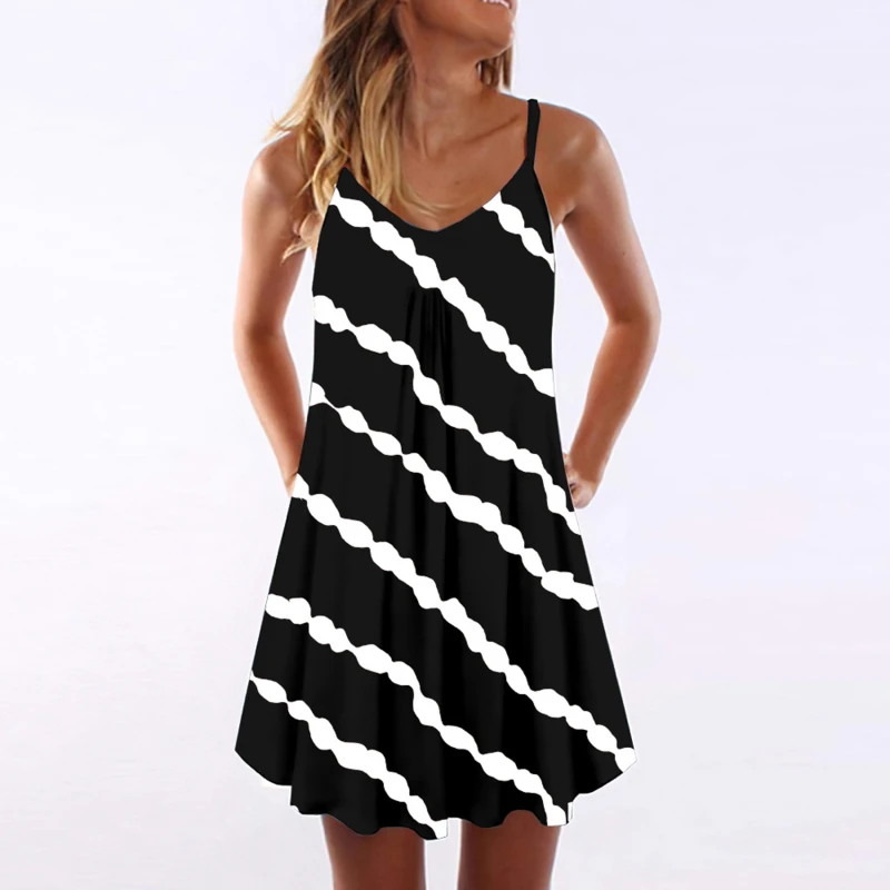 

Women Knee Length Dress Summer Female Casual Striped Loose Print Suspender Sling Sexy Beach Vestidos
