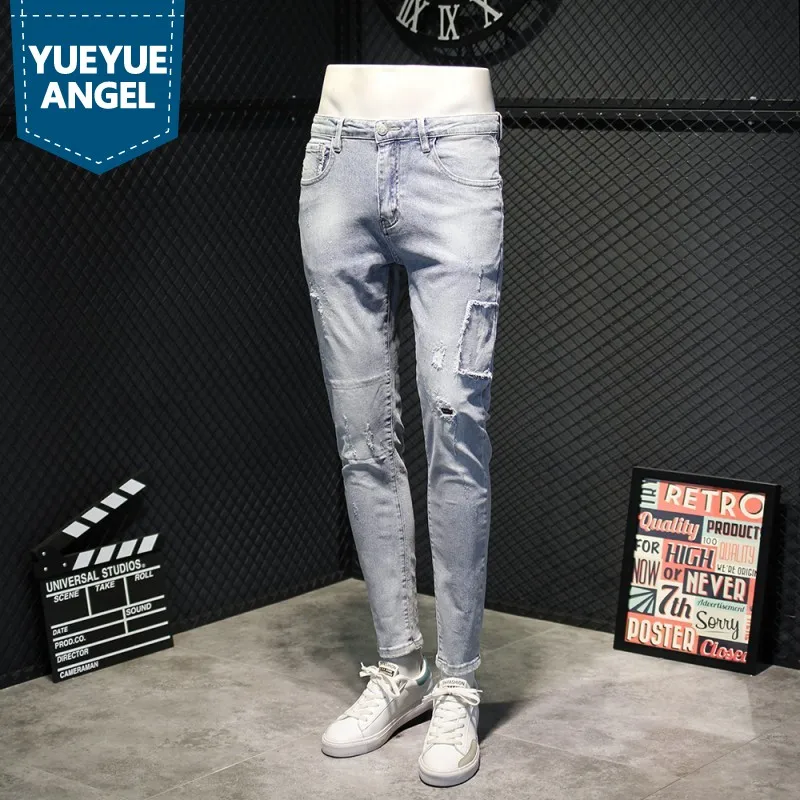 

Летние Новые потертые рваные джинсы для мужчин, отбеленный светлый Синий принт, узкие брюки-карандаш, потертые, консервативный стиль, повсе...