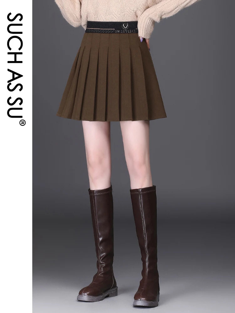 

SUCH AS SU Skirt Women 2021 Autumn Winter Wool High Waist Ladies Black Button Pleated S-XXXL Plus Size Female Mini Skirts 7127