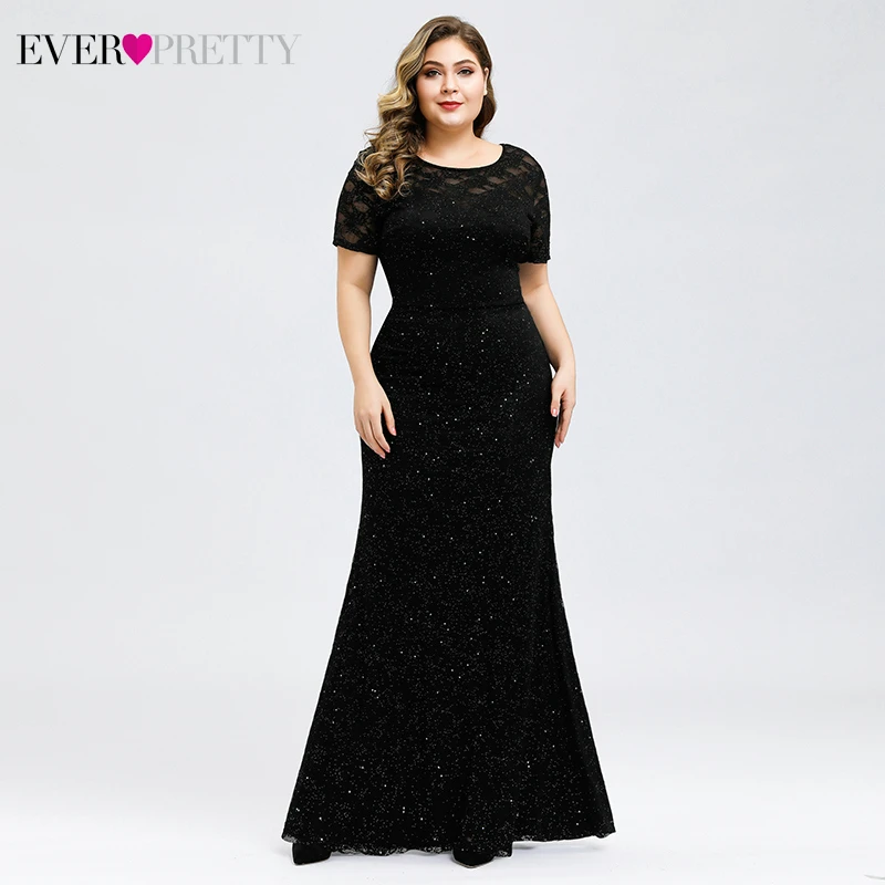 

Ever Pretty Plus Size Black Evening Dresses Long O-Neck Short Sleeve See-through Elegant Lace Party Gowns Vestidos Largos Fiesta