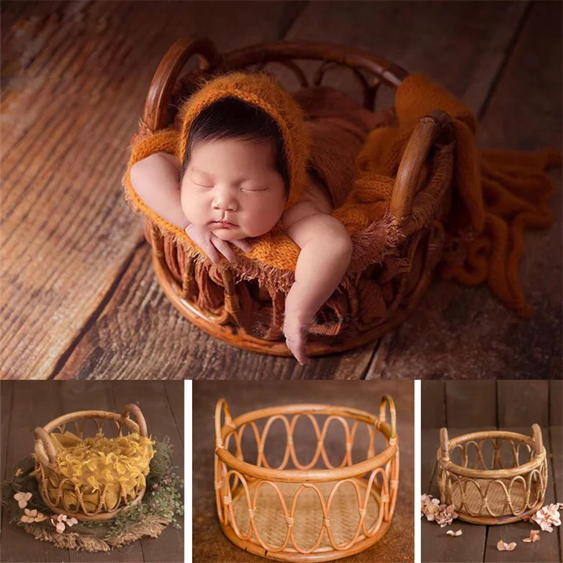 Vintage Rattan Basket Posing Baby Photo Basket Infantil Photo Shoot Accessories Full-moon Weaving Basket Newborn Photo Props