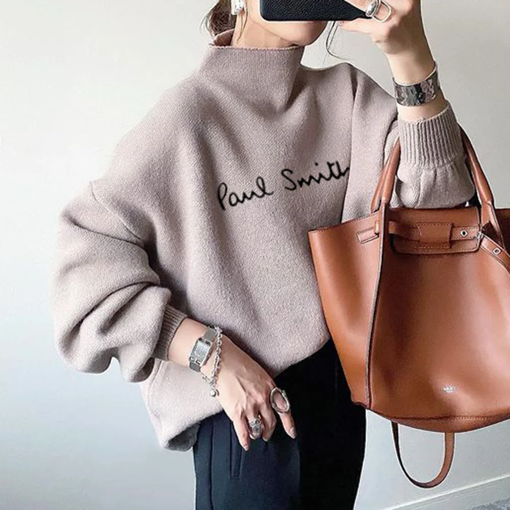 

Winter Oversized Sweater Women 2021 Elegant Knitted Basic Pullovers Turtleneck Loose Soft Tops Female Letter Print Solid Jumper