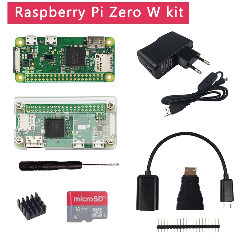 

Плата Raspberry Pi Zero W в комплекте, акриловый чехол, радиатор, разъем GPIO, дополнительная камера, SD-карта 16 ГБ, адаптер питания для RPi Zero W