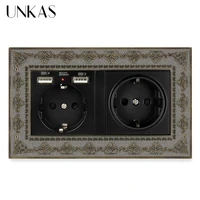 unkas dual french standard wall socket with 2 usb charge port 146mm86mm hidden soft led indicator 4d embossing zinc alloy panel