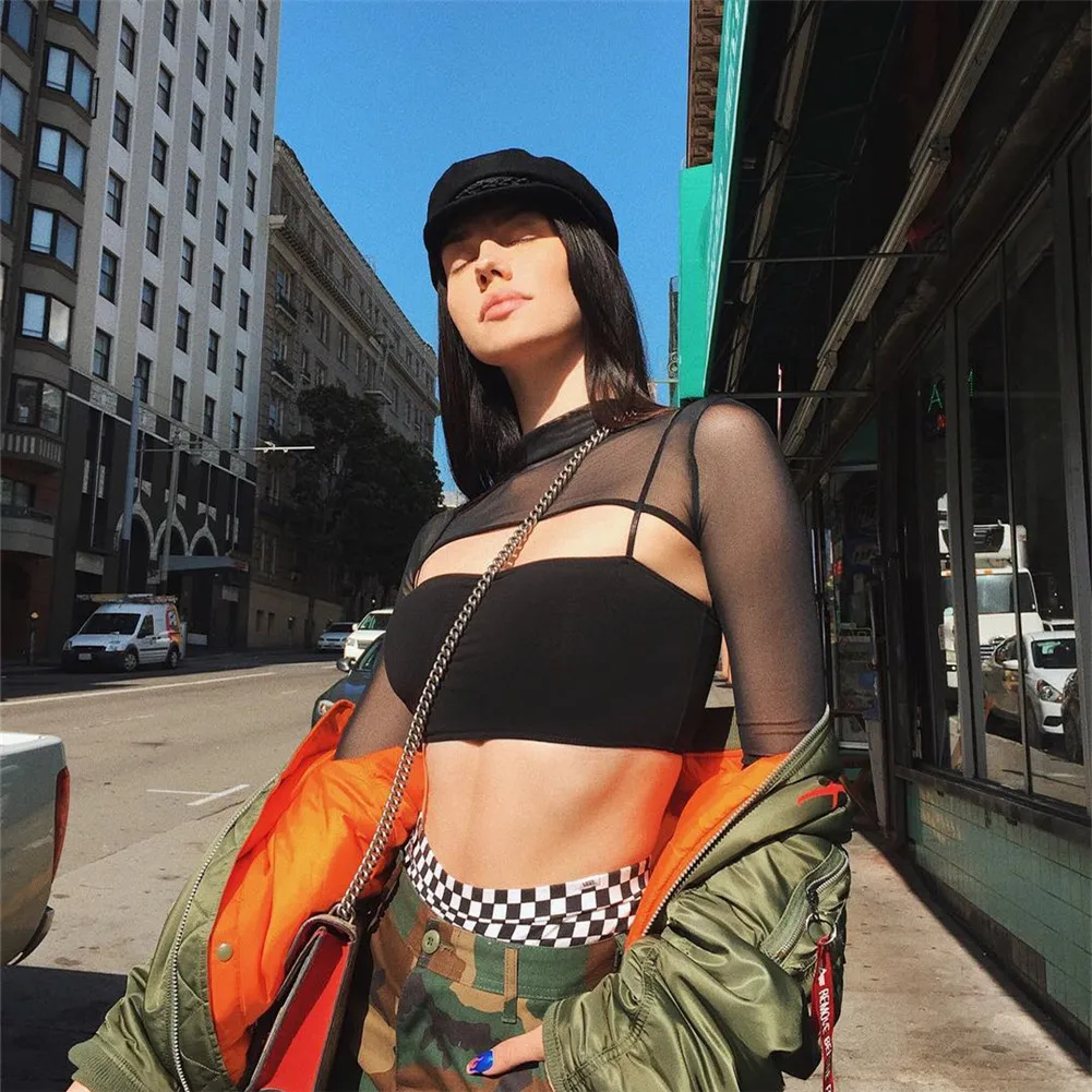 Женский сексуальный топ футболка с длинным рукавом черный прозрачный сетчатый