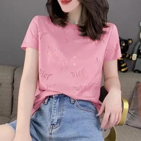 

2021 New European Lettering Hollow Out Light Round Neck Short Sleeve T-shirt for Women's Summer Dress