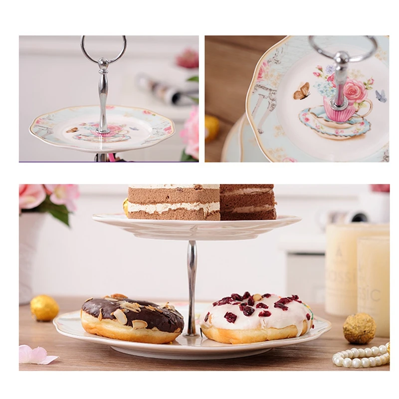 

Rose Gold Ceramic Plate Three-Layer Dessert Plate Simple Plant Bird and Flower Fragrance Pastoral Cake Plate Fruit Plate