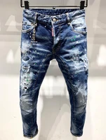 factory new mens jeans with ripped holes dsquared2 elastic paint spray blue stitching beggar pants
