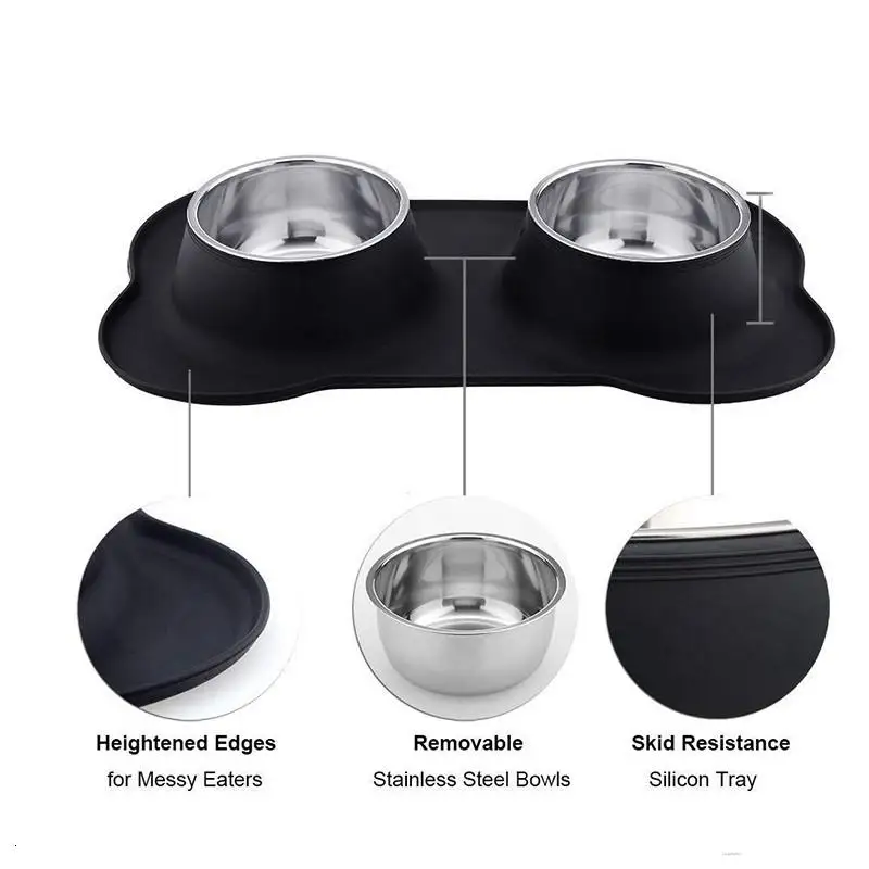 

Deepaw Double Non-Slip Dog Bowl, with Silicone Mat, Durable, Stainless Steel, No Spill, Pet Feeding Bowl, Food and Water Dispens