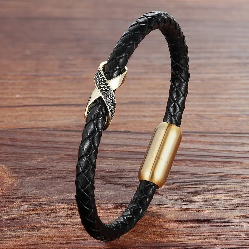 

XQNI "X" Design with Magnet Clasp Cubic Zircon 4 Colors Genuine Leather Bracelets for Male Women Luxury Jewelry Birthday Gift