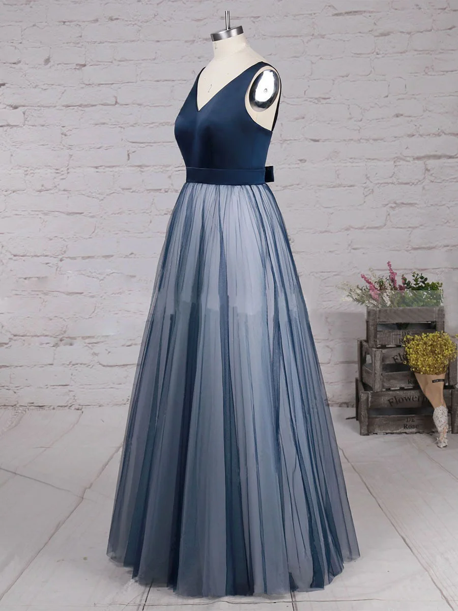 

TULX quality fashion V-neck banquet dress high-end Satin stitching sexy backless temperament elegant slim blue wedding dress