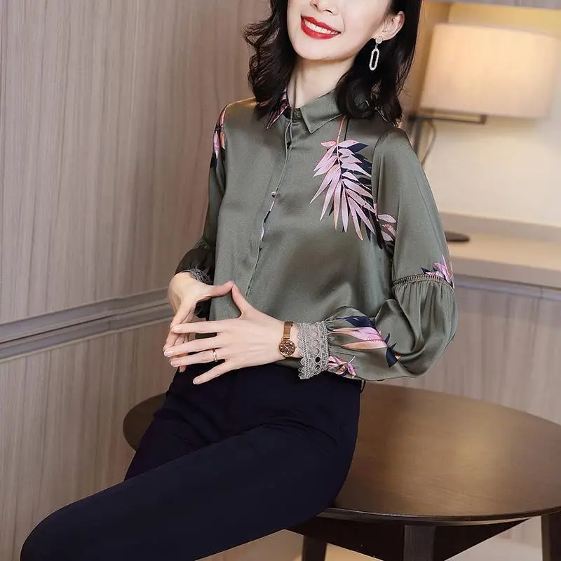 

Imitation silk shirt women's high-end 2021 spring and autumn new fashion and elegant printing imitation silk blouse