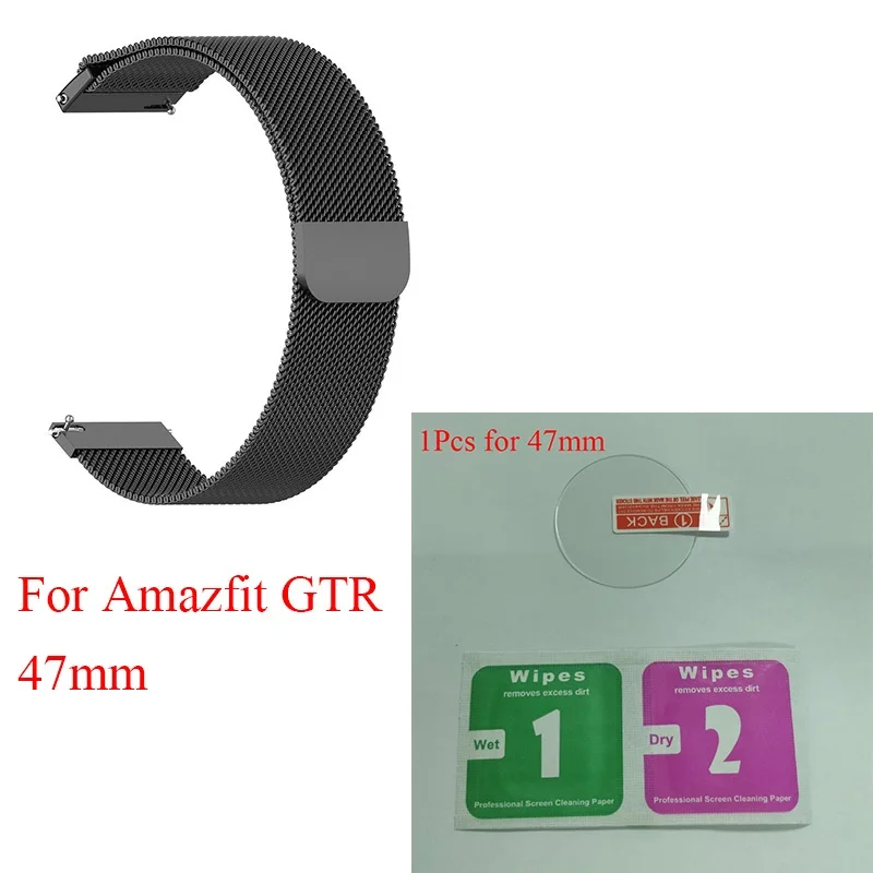 47Black Ksadkvor for Xiaomi Mijia Amazfit GTR 42 47MM Wristband Strap Wrist Metal Milanese Loop Band with Screen Glass Protector Gift - Цвет: 47Black