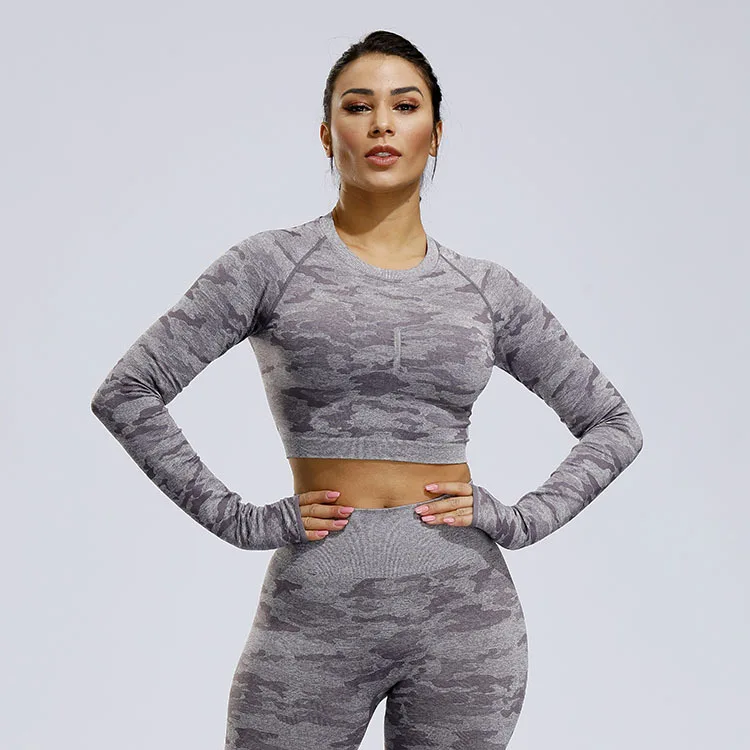 Imlario женский Камуфляжный спортивный укороченный топ бесшовный для спорта с длинным рукавом женский компрессионный спортивный топ Acitve открытая спина Йога Фитнес Футболка