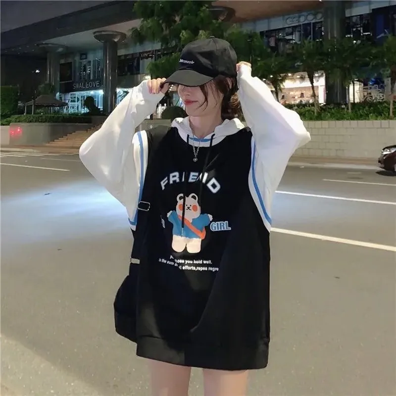 

Autumn Women Harajuku Patchwork Long Sleeve Hoodie Sweatshirt Kawaii Cartoon Bear Printed Fake 2 Pcs Hoody Casual Loose Outwear