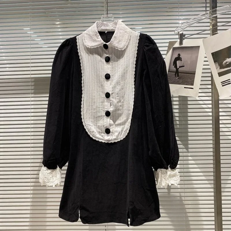 

Color Contrast Design Lace Shirt Women 2021 Autumn New Style Small Fragrance Collar Fine Velvet Dress