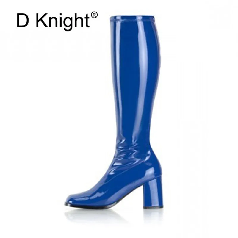 Модные сапоги до колена из лакированной кожи женские зимние высокие на толстом