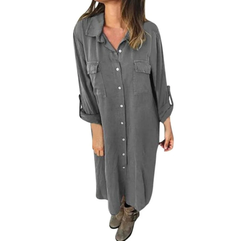 Женское свободное однобортное платье рубашка макси с отложным воротником