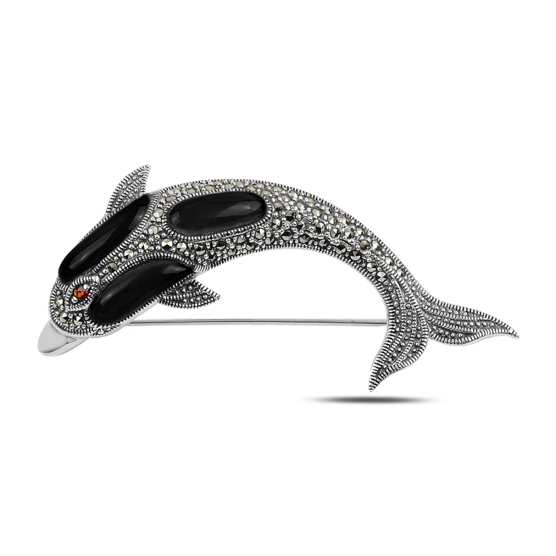 

Silverlina Silver Dolphin Fish Natural Stone & Marcasite Gemstone Brooch